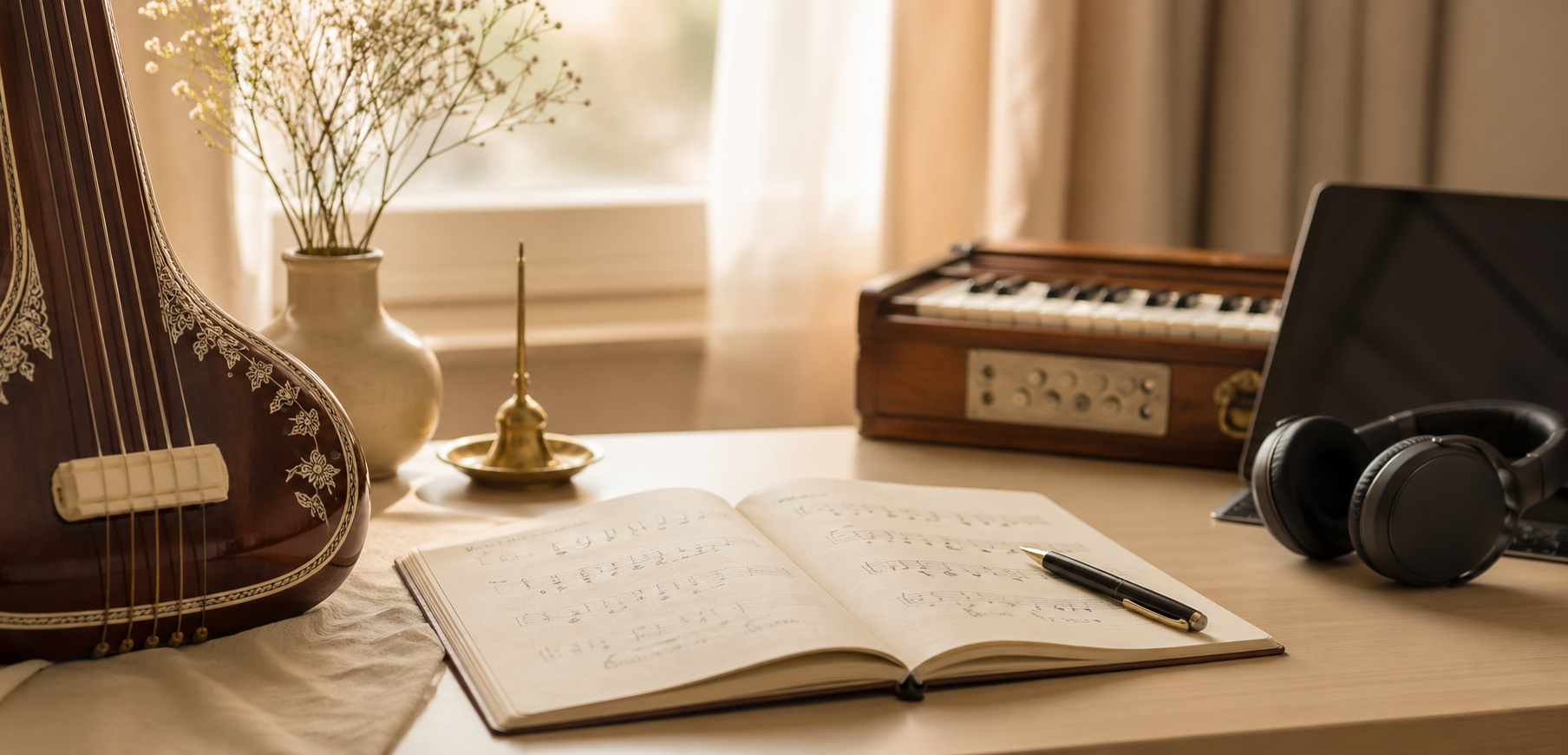 A quiet Indian classical music practice desk in warm morning light